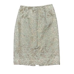 LAFAYETTE 148 Jacquard Pencil Skirt Mint Green Gold Sz 2 Knee Length High Rise
